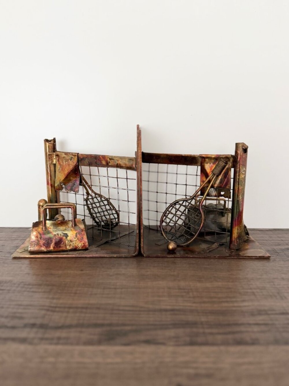 Vtg MCM Brutalist Metal Bookends Set Tennis Court Racket Bag Balls Folk Art